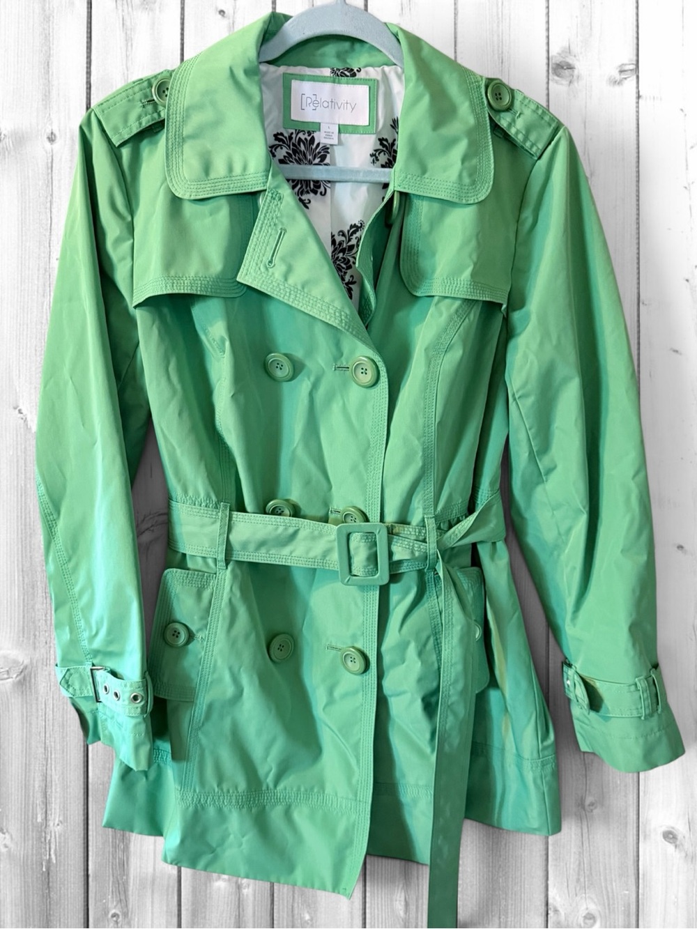 Relativity Mint Green Double-Breasted Belted Trench Coat